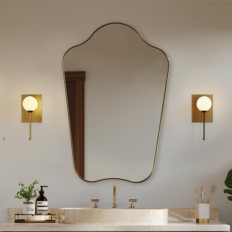 Contemporary Dual Arch Scalloped Bathroom Vanity Mirror | Stainless Steel Frame, 36" x 24", Brushed Gold
