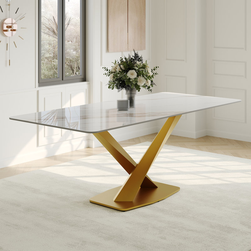 Modern Rectangular Dining table with Glossy Sintered Stone Table top, White Kitchen Table with Stainless Steel Legs for Dining Room