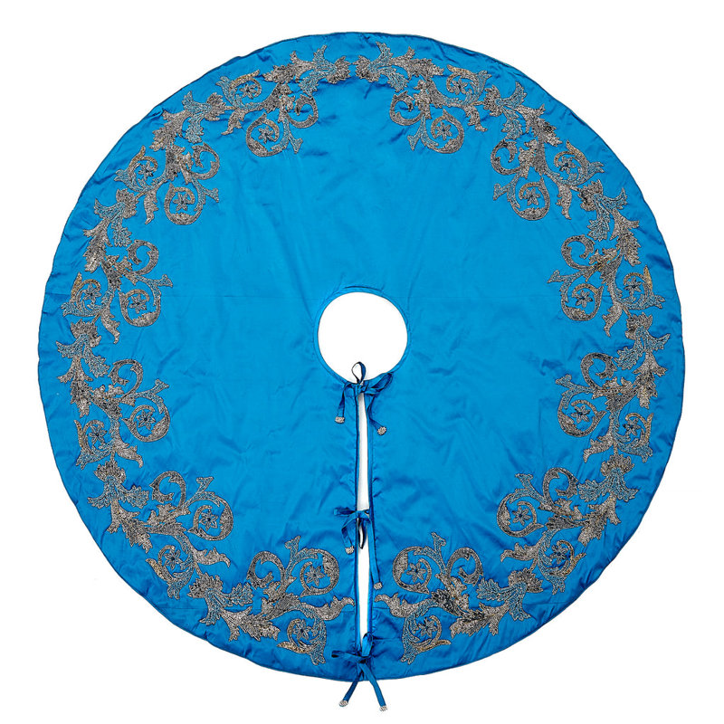 Jupe d'arbre de Noël perlée à la main impériale bleu sur soie bleue - grande - 60 po / 72 po, 60"