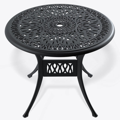 Table de salle à manger de patio en aluminium coulé 35,43 pouces avec structure noire et trou pour parasol