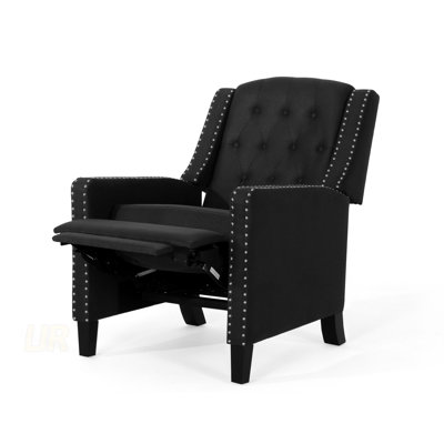 Classic Dark Grey Fabric Push Back Chair With Riveted Armrests And Birch Wood Legs, Perfect For Comfort And Style