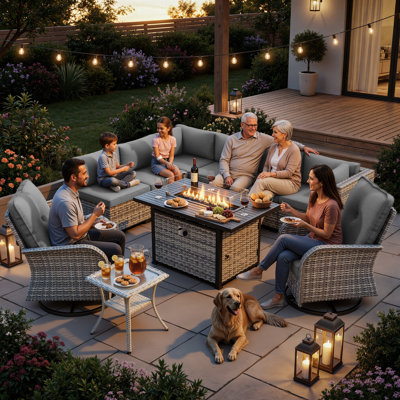 11-Piece Outdoor Patio Conversation Set With Propane Fire Pit Table, 7-Piece Wicker Sectional Sofa & Coffee Table, 2 Swivel Rocking Chairs & Side Table