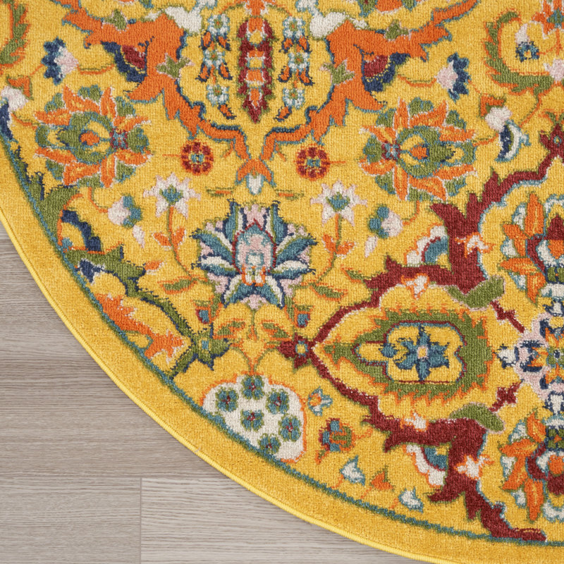 Tapis jaune à motif floral Weirton, Rond 5 pi 3 po