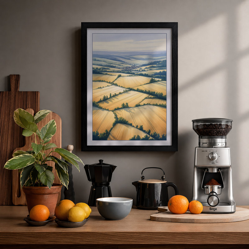 Patchwork Fields Landscape - Print, Black, A4 - 29.7 x 21.0 cm