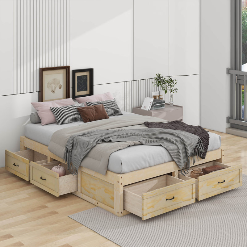 Lit plateforme double avec 6 tiroirs, Naturel antique