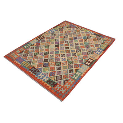 Tapis beige / rouille en laine tissé à la main à motif tribal / géométrique / sud-ouest de couleur cépage Cedorah