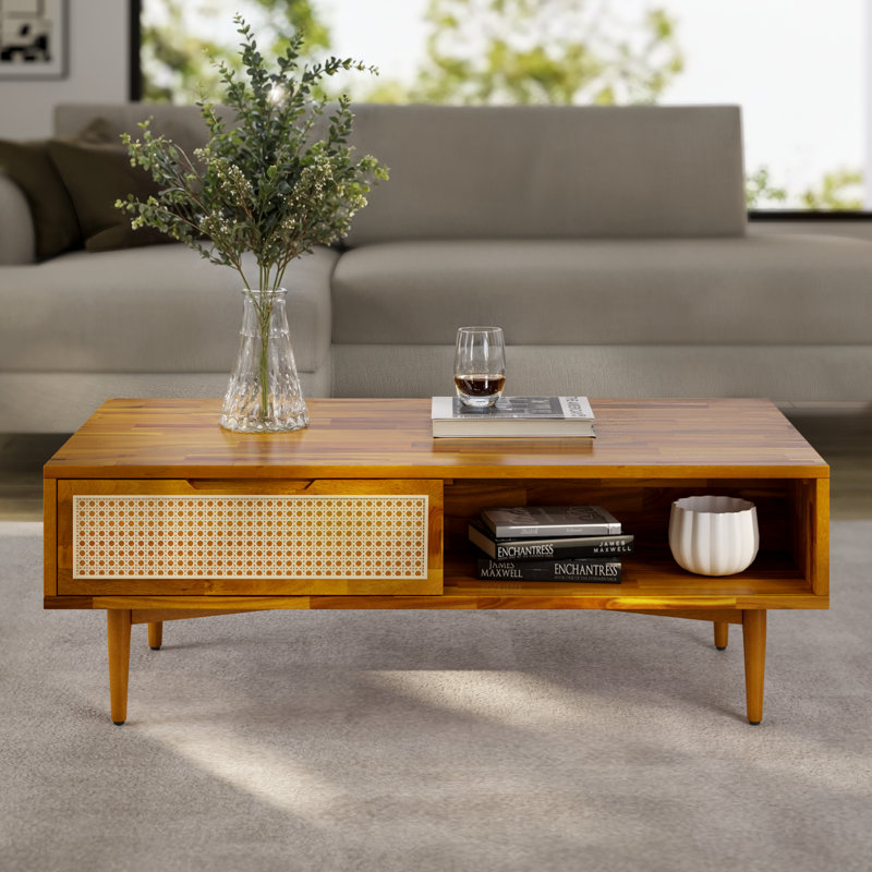 Oliver 47'' Solid Wood Coffee Table with Rattan Storage Drawers, Caramel