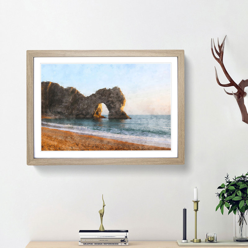 Durdle Door Cliffs at Sunset - Picture Frame Painting Print, 45cm H x 63cm W x 2cm D, Oak Framed