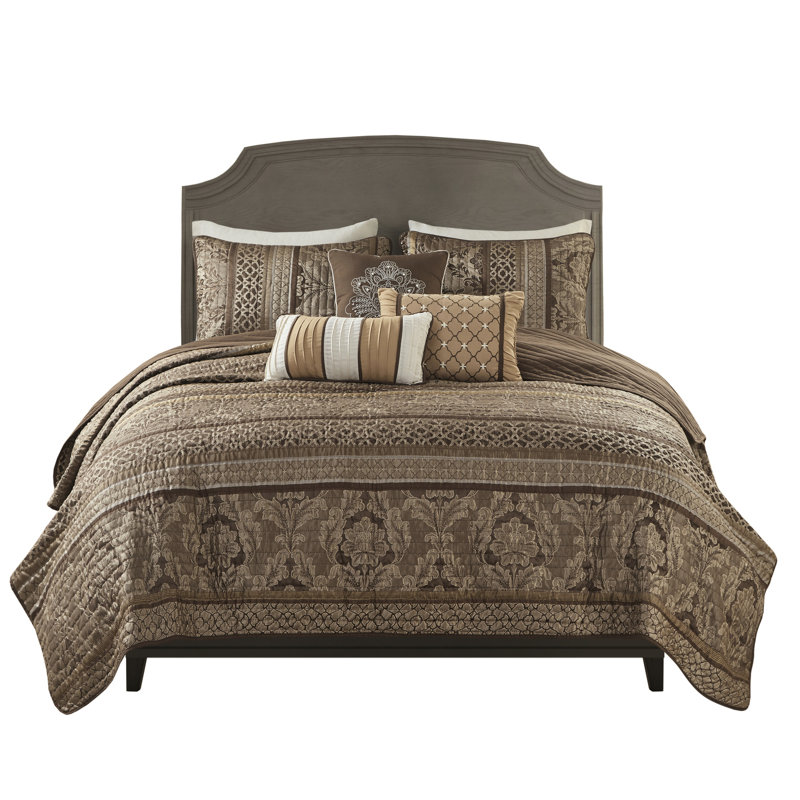 Courtepointe 6 pièces - double / grand brun / or, feuille et motifs, réversible et coussins rayés avec