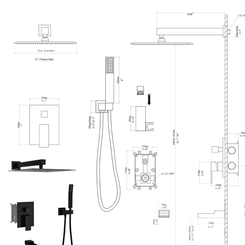 Ensemble de douche bronze huilé avec bec de baignoire en cascade - pomme de pluie carrée de 10 pouces et valve à main Installation facile et système de procédure sanitaire Douche huilée à 3 fonctions, équilibrée pour