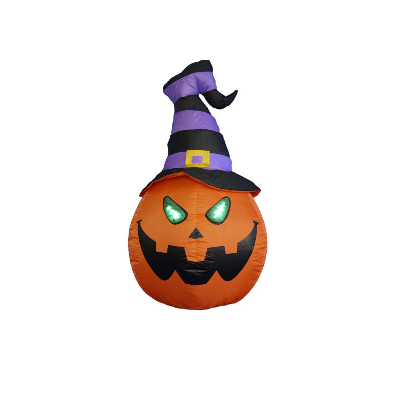 4 Foot Tall Lighted Happy Halloween Inflatable Pumpkin with Witch Hat Indoor / Outdoor Holiday Blow Up Garden Yard Decoration