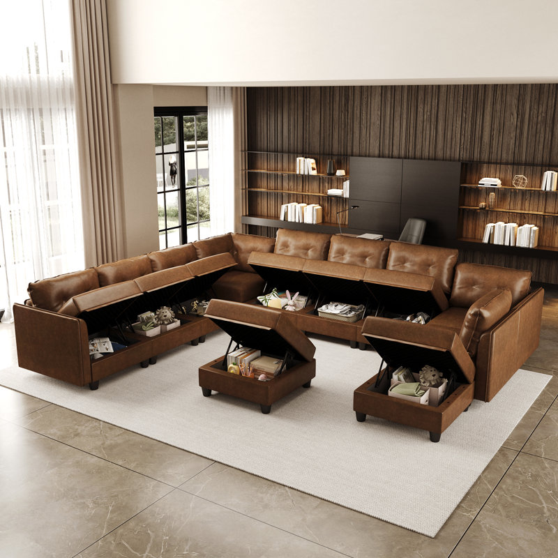 Modular Sectional Sofa With Storage, Modern Brown Faux Leather, Reversible Chaise, U Shaped Couch For Living Room, Waterproof & Easy Clean, 10 Seats With 1 Ottomans
