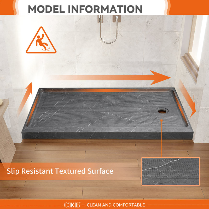 Threshold Rectangular Shower Base, Right, Matte Gray