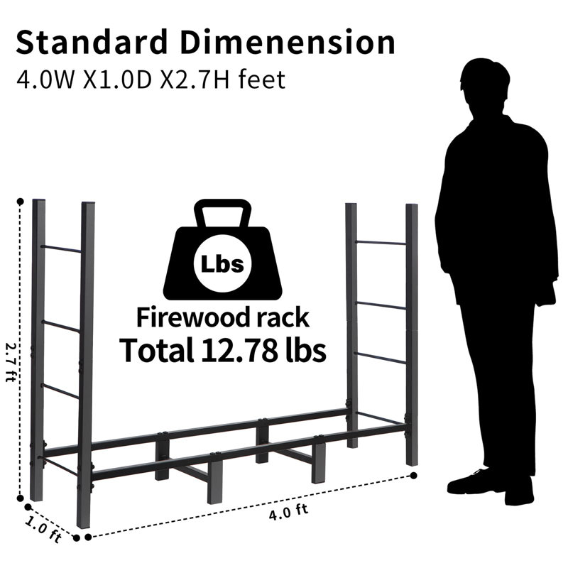 Black Heavy Duty Wrought Iron 4ft Firewood Log Rack with Cover