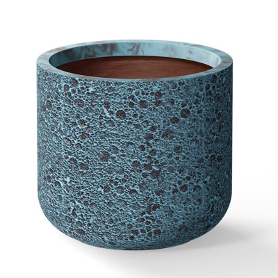 Jardinière / pot rond en béton de 14 po à motif de patine bleue moyenne (intérieur amélioré) avec trous de drainage