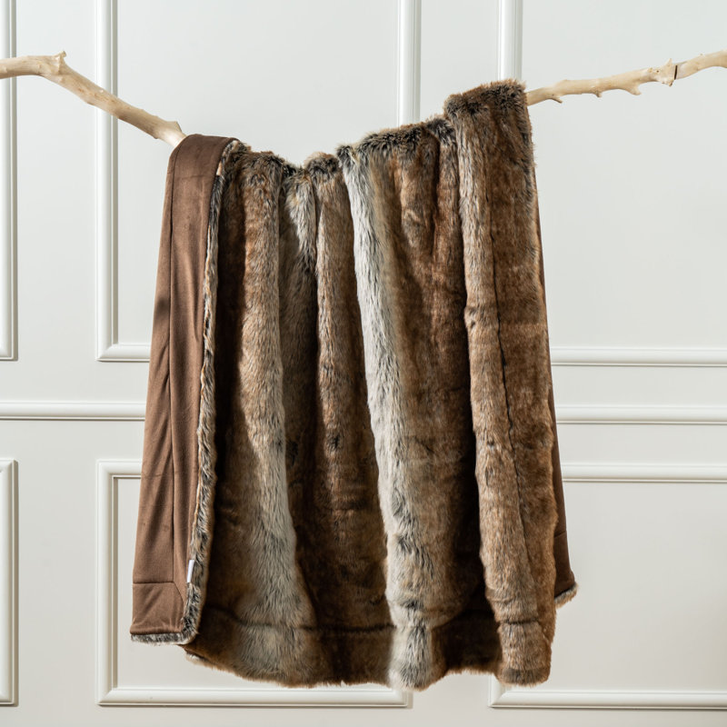 Luxurious Brown Faux Fur Reversible Throw Blanket, 60"x80"
