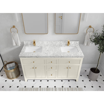 Sonoma 60 In. W X 22 In. D Double Sink Bathroom Vanity In Alabaster With 2 In. Viola Brown Quartz in , Carrara Marble