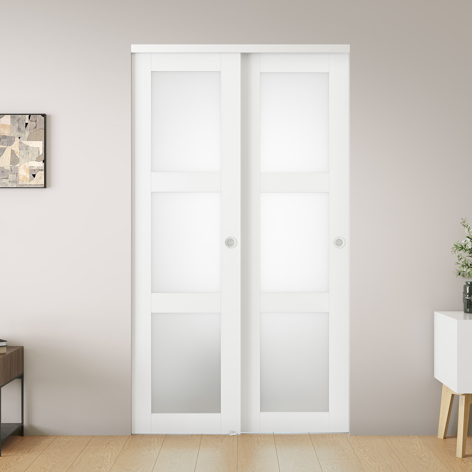 SMARTSTANDARD Frosted Glass and Solid Manufactured Wood Sliding Closet Doors  with Installation Hardware Kit