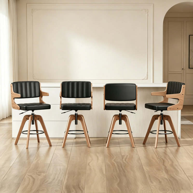 Adjustable Height Swivel Faux Leather Bar Stools (Set of 4), Black, 4