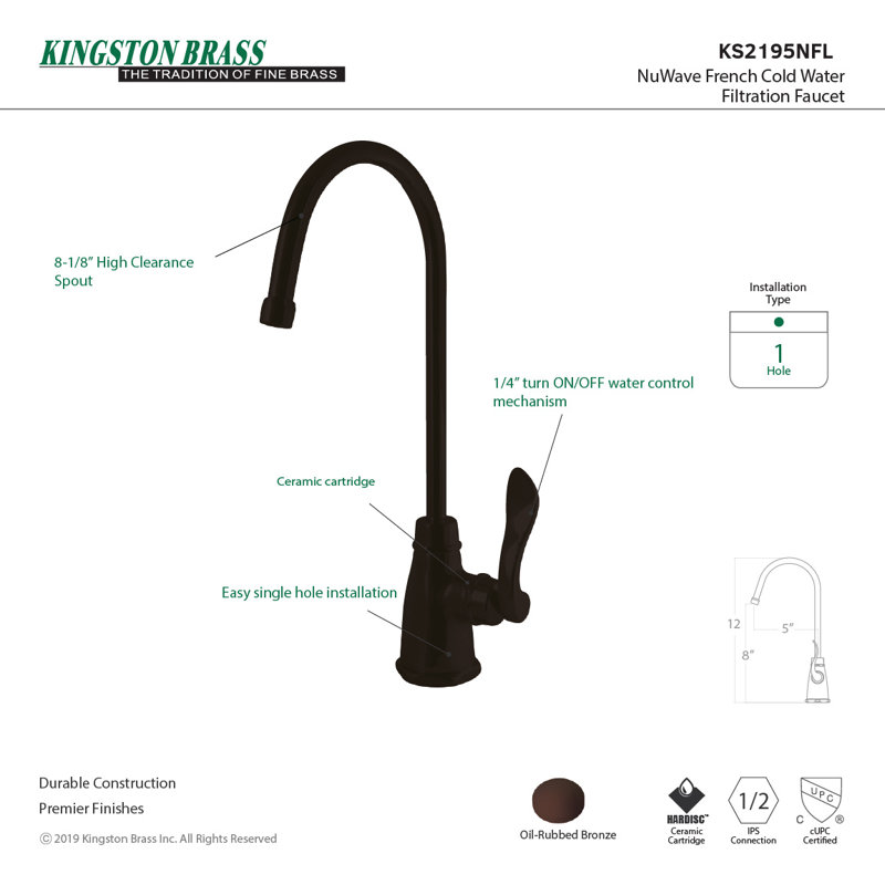 Kingston Brass NuWave French Single-Handle 1-Hole Deck Mount Water Filtration Faucet, Oil Rubbed Bronze