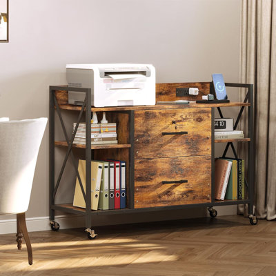 Rustic Black & Brown 2-Drawer File Cabinet - Lockable, With Power Outlets & Adjustable Shelves (Rolling Storage Cabinet For Home Office)