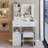 Bedside Vanity Table with Cushioned Stool, Sliding Touch LED Mirror (Tri-Color & Brightness Adjustable), Power Station (2 AC + 2 USB ), and Hair Dryer Bracket-789634835