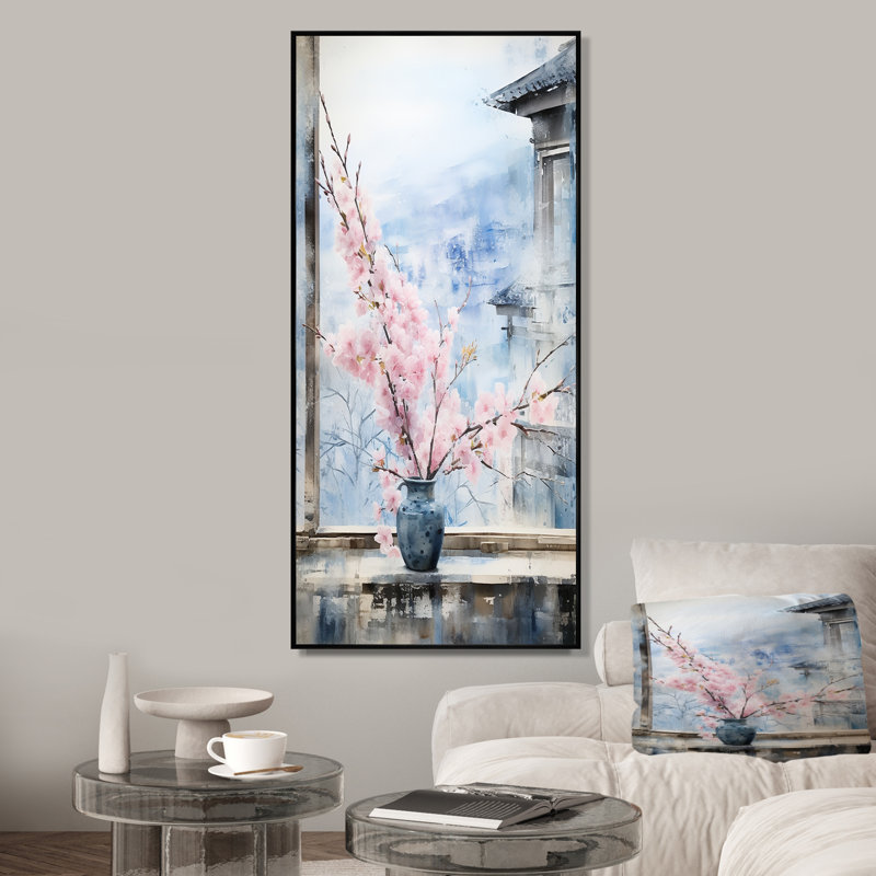 Art floral rose fenêtre rose à Nagasaki I - Japon, Cadre flottant noir, H 60 po x l 28 po x P 1,5 po