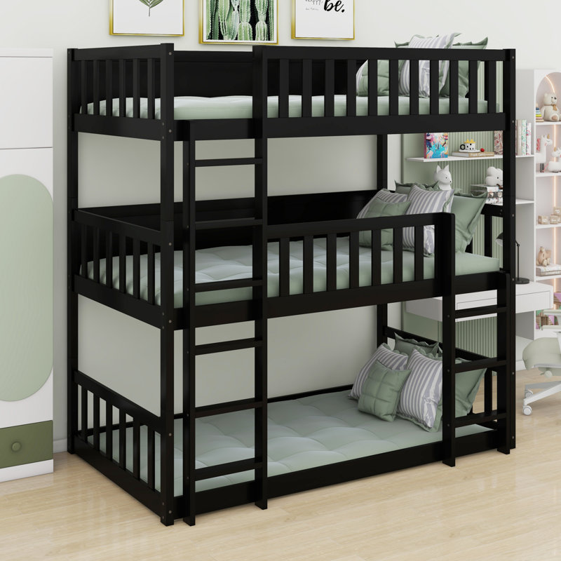 Triple Wood Bunk Bed, With Ladders, Guardrails, Black