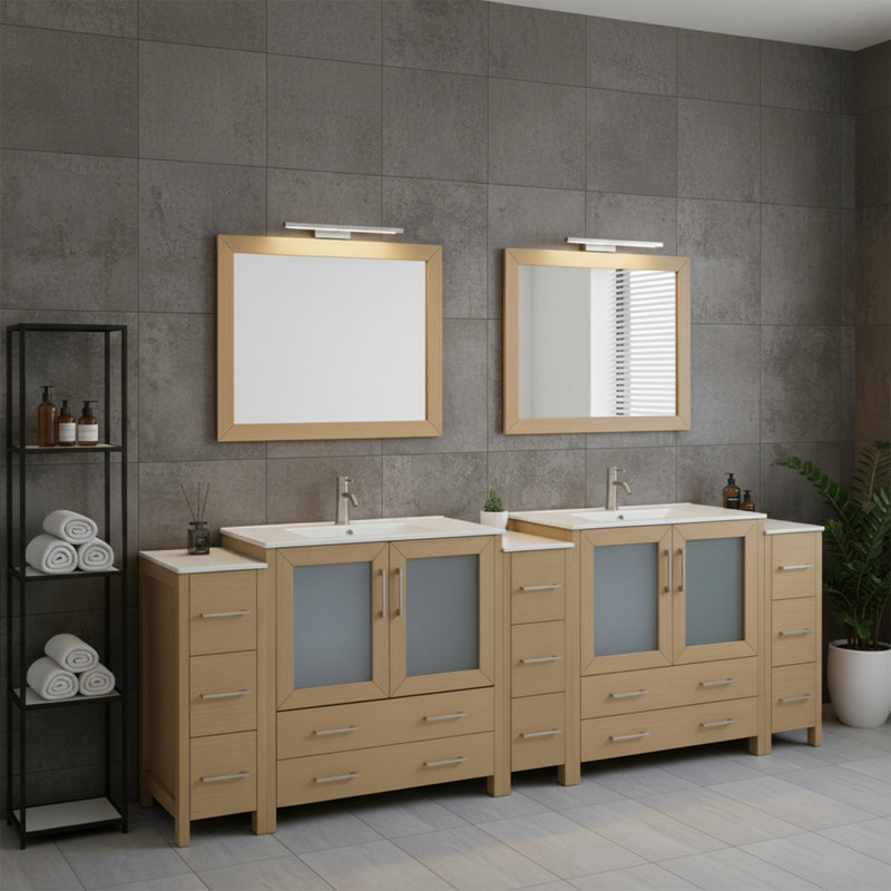  108" Double Bathroom Vanity Set with Mirror, Natural Oak