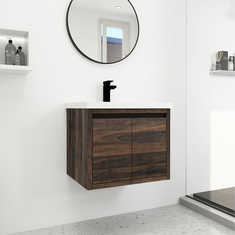 Armoire de salle de bain 24 po avec lavabo - Fixation murale, portes à fermeture en douceur, finition noyer, lavabo à fixation moderne, noyer, fermeture, élégant