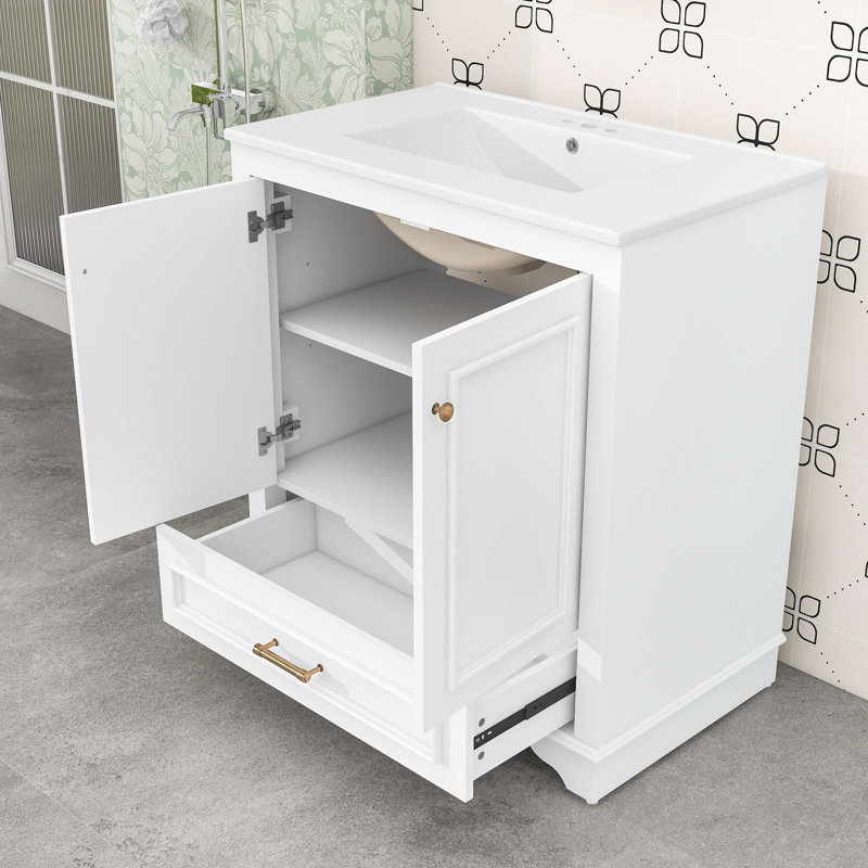 Meuble-lavabo en bois avec lavabo en céramique, tablette réglable et tiroir, Blanc