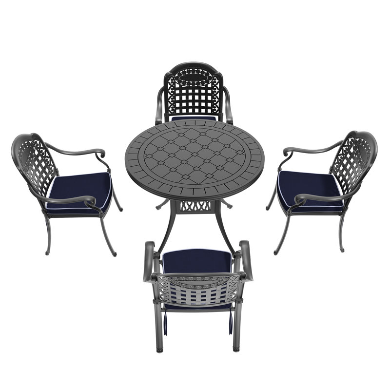 5 Black Patio Furniture With Cast Aluminum And Cushions - 4, Rustproof, Weather , Supportive Structure Cushions, Black, Seats 4, Rust-, , Stackable For Outdoor Area