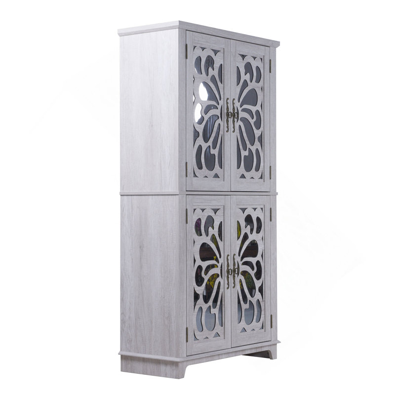 67.4"H 4 Doors Mirrored Doors Accent Storage Cabinet For Corner, Entryway, Living Room, Bedroom, Kitchen With Adjustable Shelves, Display Cabinet, Bookcase