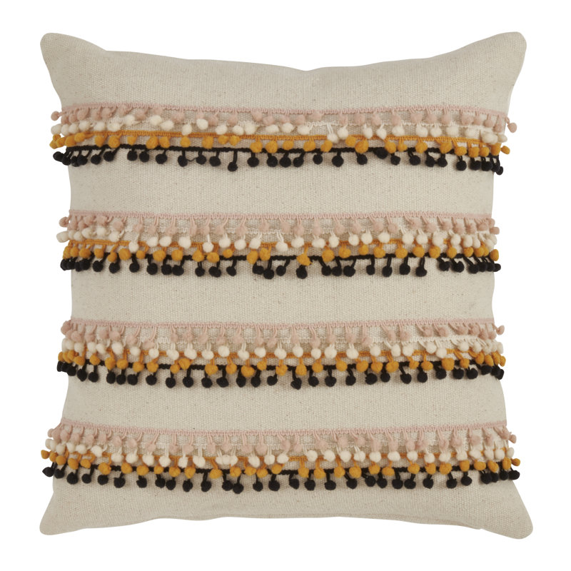 Multicolor Pom Pom Applique Square Throw Pillow