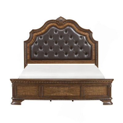 Formal Elegant Design Bed Upholstered Headboard Dark Brown Finish Wooden Traditional Bedroom Furniture 1Pc Intricate Carvings