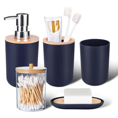 Bathroom Accessories Set 5Piece Navy Blue Bathroom Sets, Toothbrush Holder, Toothbrush Cup, Lotion Soap Dispenser, Soap Dish And Qtip Holder Bathroom Decor