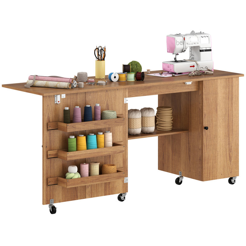 Table de couture pliante avec abattant, table de bricolage roulante, brun, Grain de bois brun