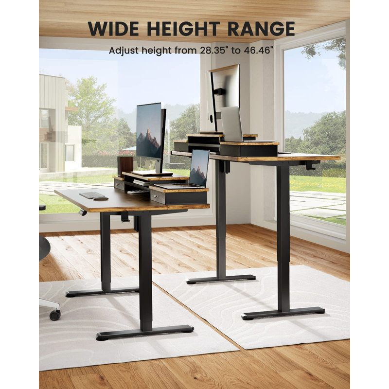 Electric Adjustable Height  Standing Desk Computer Table with Drawers, Vintage Brown/Black, 28.5" H x 55" W x 28" D