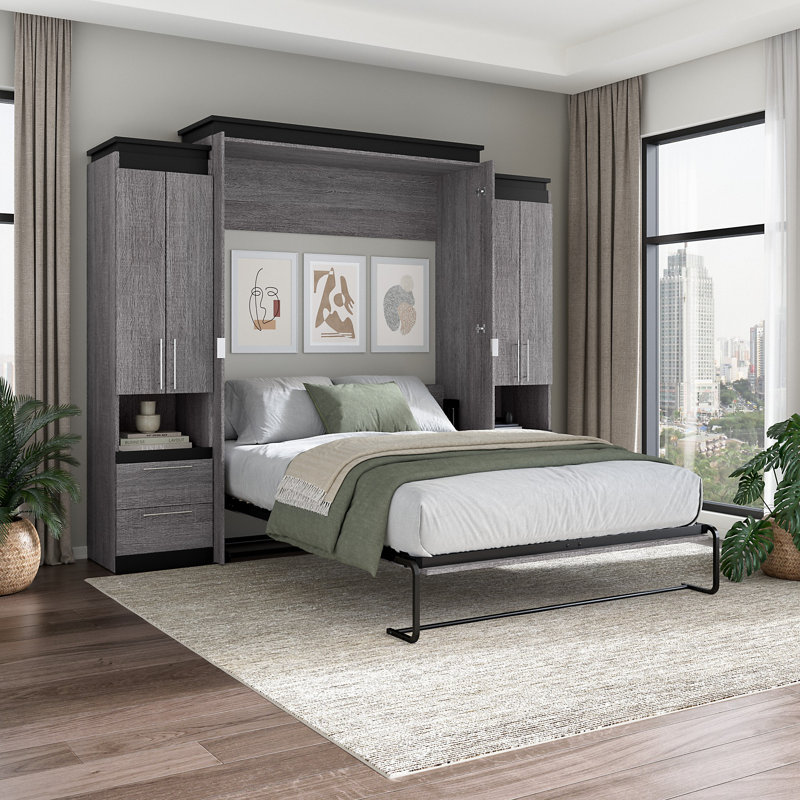Lit escamotable avec rangement Arrington, Écorce gris, Double