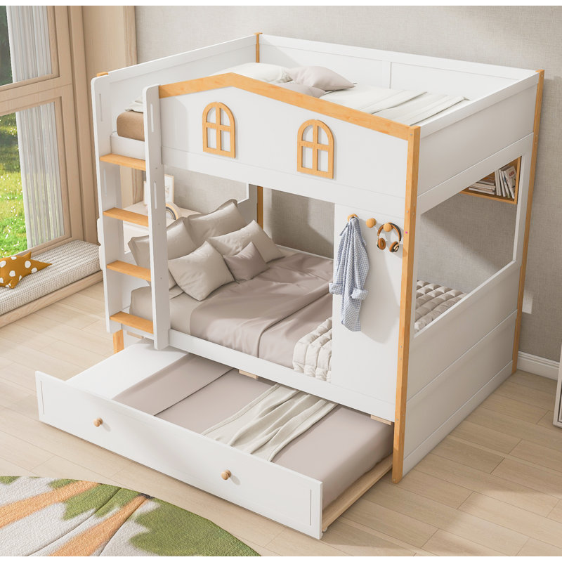Twin over Twin Size Bunk Bed with House-shaped Guardrails and Storage Shelves and Trundle,White+Natural, Twin Over Twin