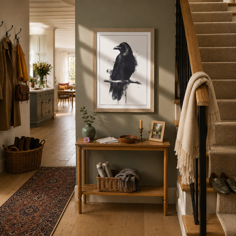 Raven in Ink Japandi - Framed Print, Oak, A4 - 29.7 x 21.0 cm