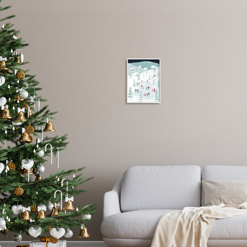 «Ice Skating Familles, chutes de neige encadrées sur bois» par Andrew Thornton, impression, H 14 po x l 11 po x P 1,5 po