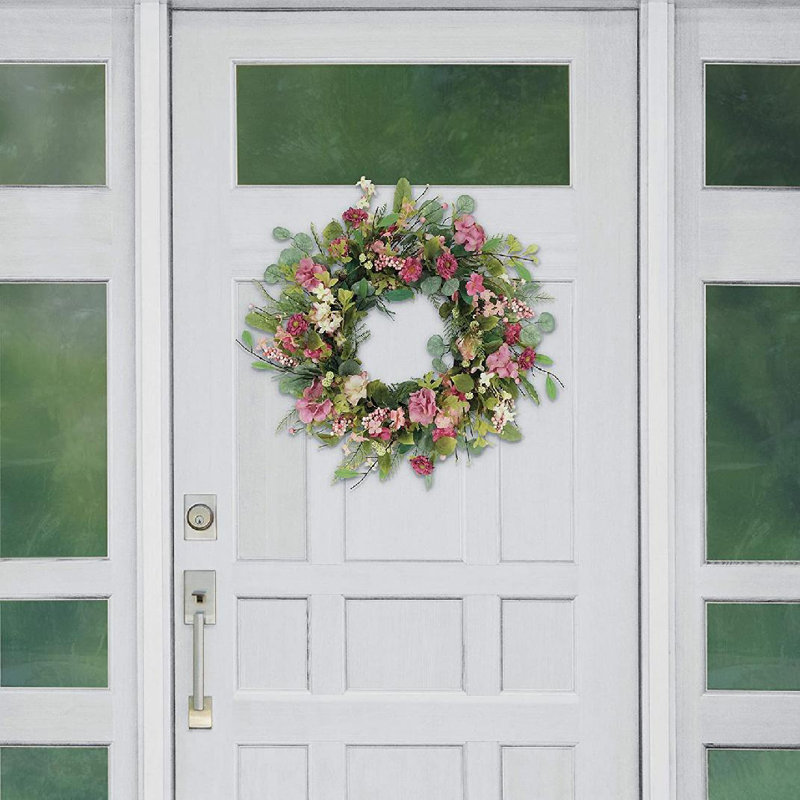 24" Pink and Green Artificial Floral Spring Wreath