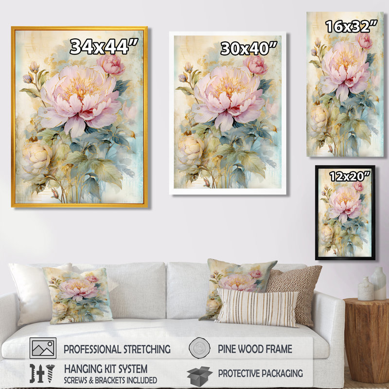 Millville - pivoine, art mural, H 44 po x l 34 po, Cadre flottant doré, bois massif