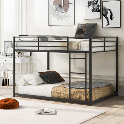 Full Over Full Metal Bunk Bed, Low Bunk Bed With Ladder, Black