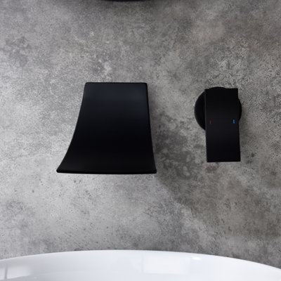 Wall Mount Bathroom Faucet In Matte Black, Comprised Of Brass With Wide Waterfall Spout And Exact Control Valve For Fluent Water Flow Black Faucet, Made Expansive Arc Precise A Delightful Utilization