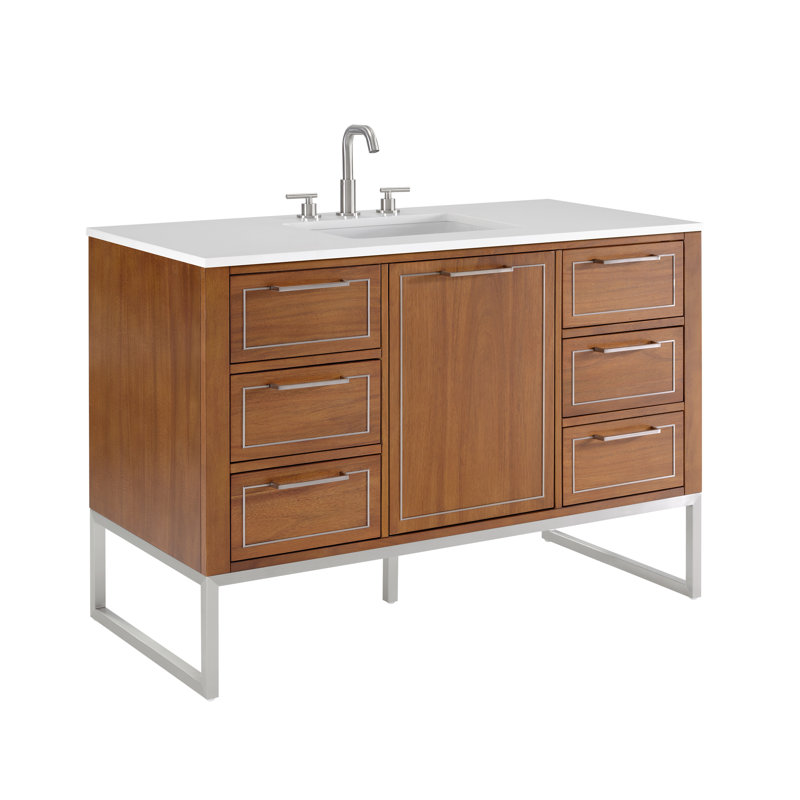 Ensemble de meuble-lavabo simple 48 po Markham, Quartz Calacatta universel, Noyer, Nickel brossé