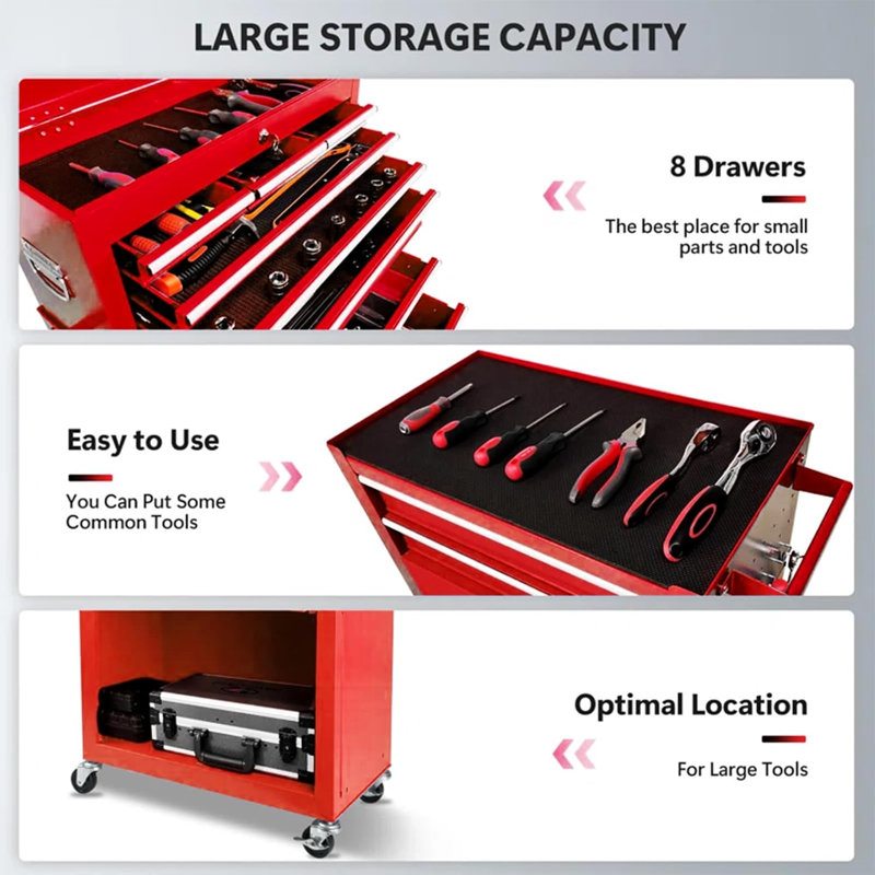 Coffre à outils roulant à 8 tiroirs, armoire de rangement à outils verrouillable et détachable 2 en 1 avec roulettes et tiroirs, organisateur d'outils robuste pour garage et atelier, rouge