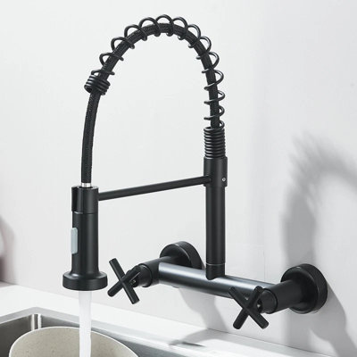 Brushed Nickel Commercial 8 Inch 2 Handle Wall Mount Kitchen Sink Faucet with Pull Down Sprayer