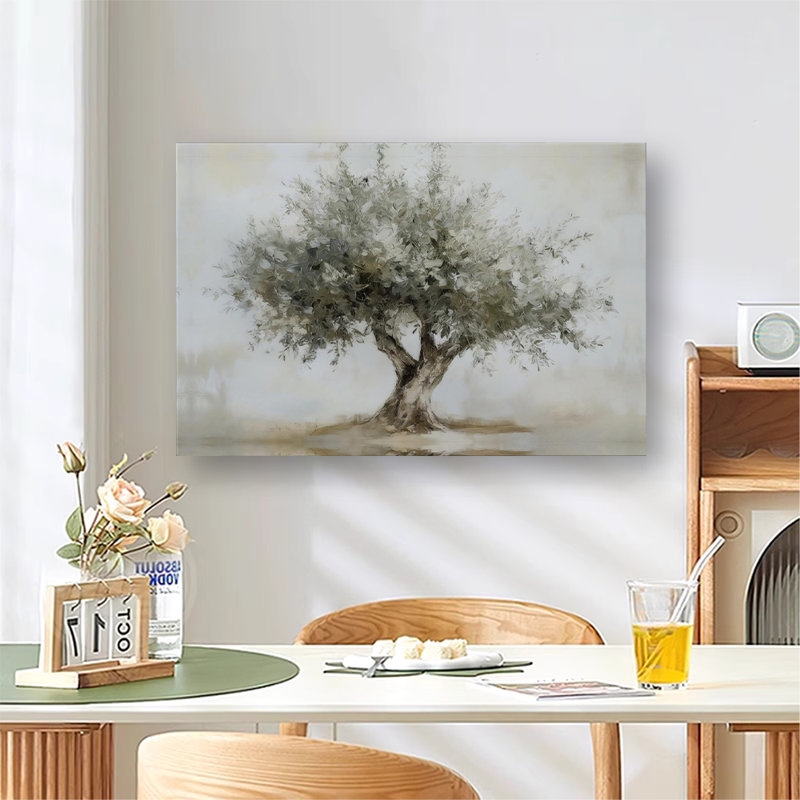 Impression sur toile de style vintage aux teintes douces représentant un olivier vert, décoration murale champêtre, art neutre inspiré de la nature.